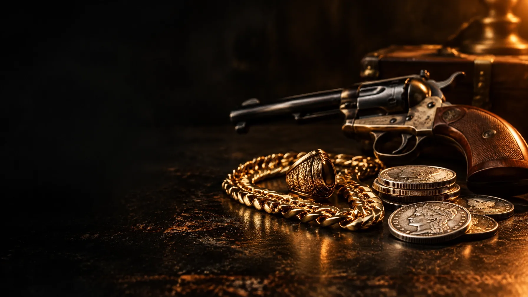 Gold jewelry, silver, and valued goods displayed on a dark counter